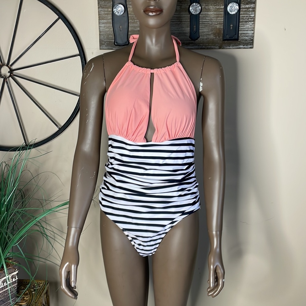CUPSHE Stripped One Piece Halter Swimsuit Size XL